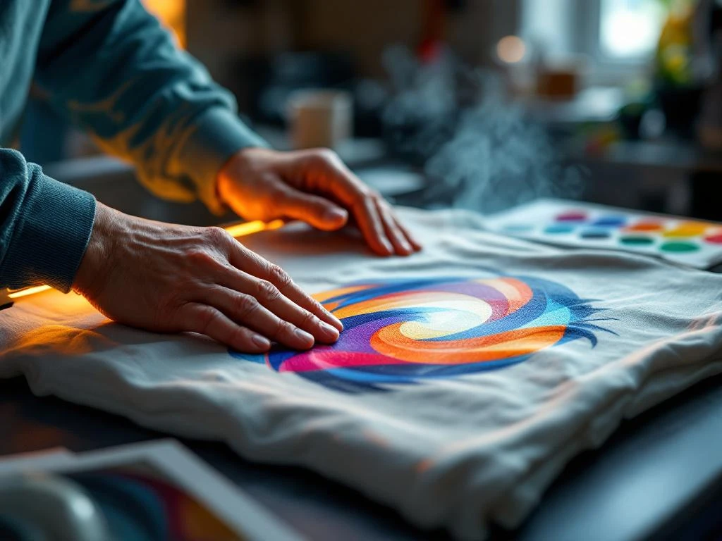 Handen die een kleurrijk ontwerp op een premium longsleeve shirt plaatsen met professionele warmtepersmachine