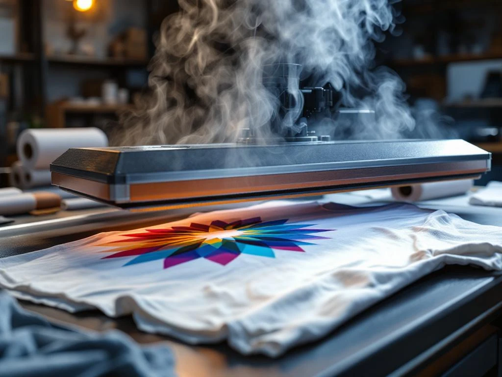 Heatpress machine past kleurrijk geometrisch ontwerp toe op wit t-shirt met stoom en transfer vinyl op werkplek