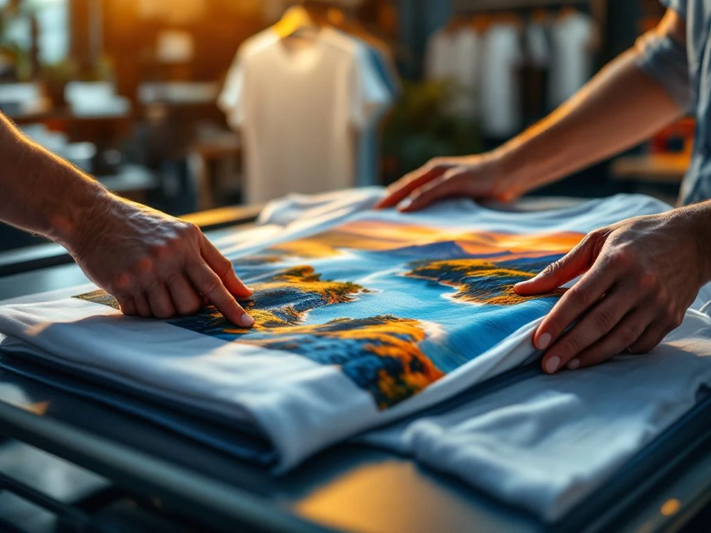 Handen plaatsen kleurrijke landschapsfoto op wit t-shirt in professionele warmtepersmachine voor custom textieldruk