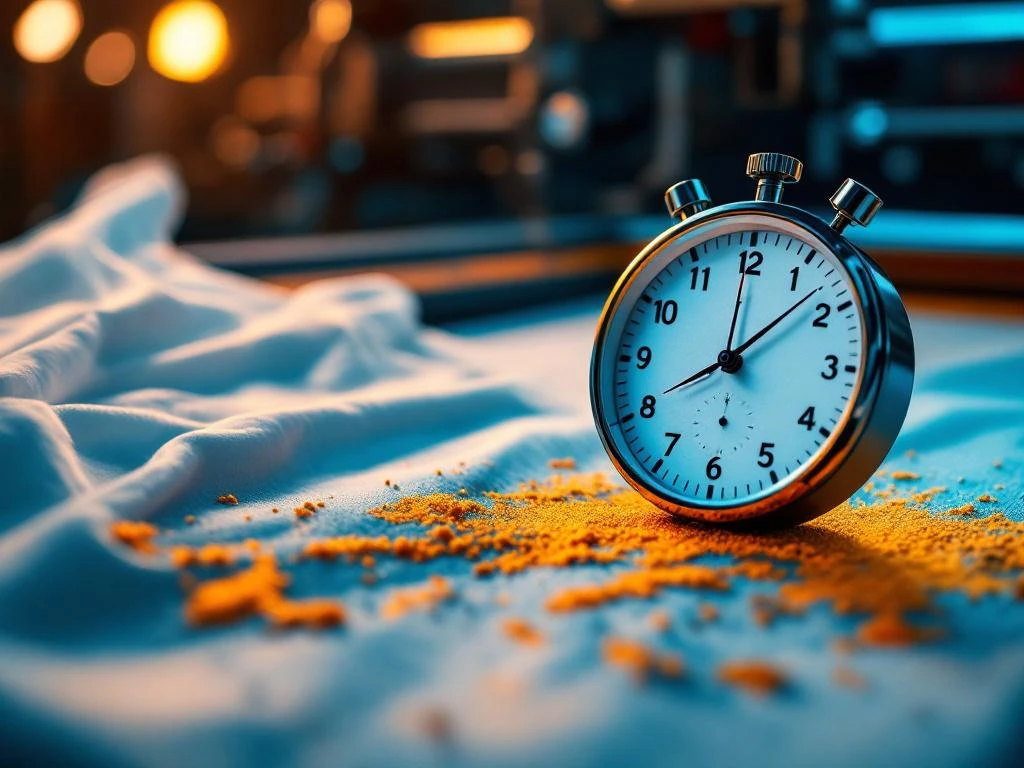 Moderne zeefdrukpers die levendige inkt op wit t-shirt aanbrengt met stopwatch op voorgrond in professionele studio