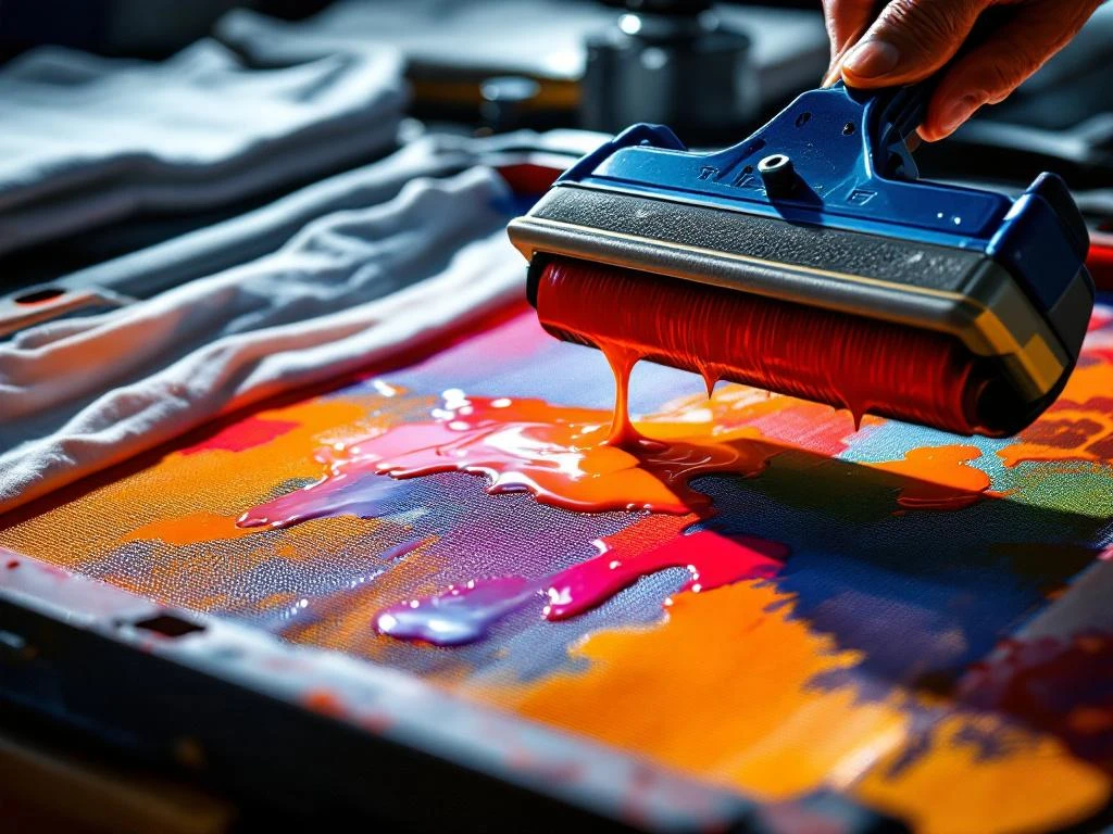 Close-up van zeefdruk proces met kleurrijke inkt die door mesh scherm op wit t-shirt wordt aangebracht met professionele squeegee