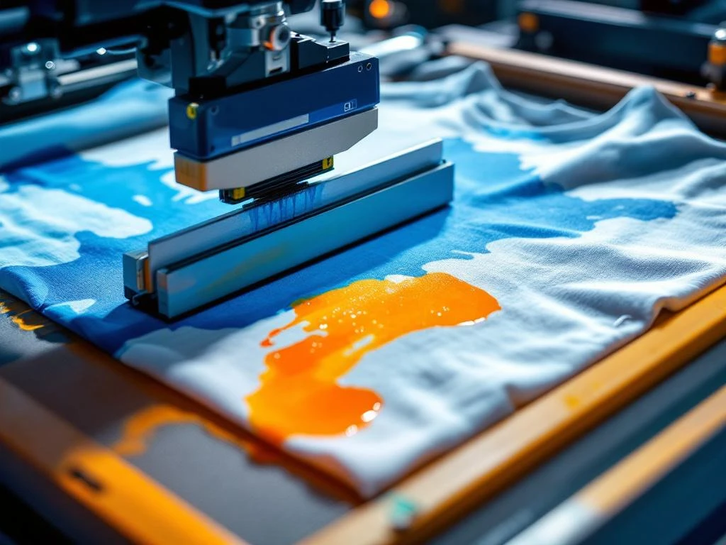 Zeefdruk proces in actie met levendige inkt die door mesh op wit T-shirt wordt aangebracht met professionele gereedschappen