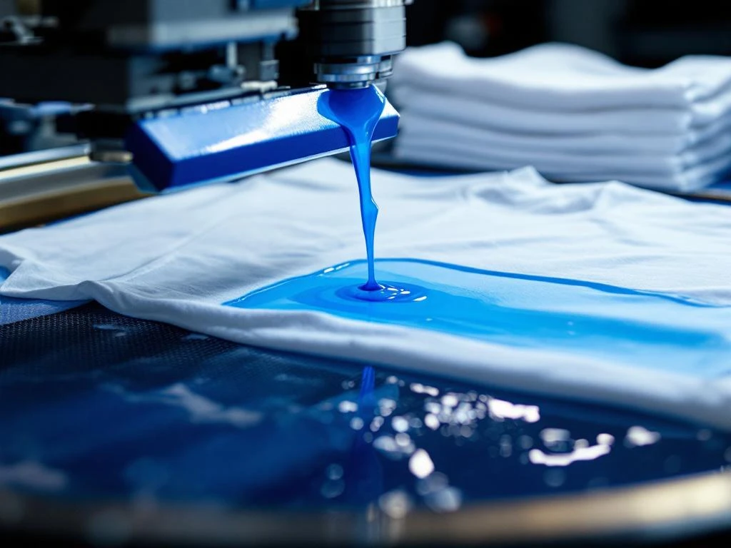 Screen printing proces van blauw inkt op wit t-shirt met professionele squeegee en drukapparatuur