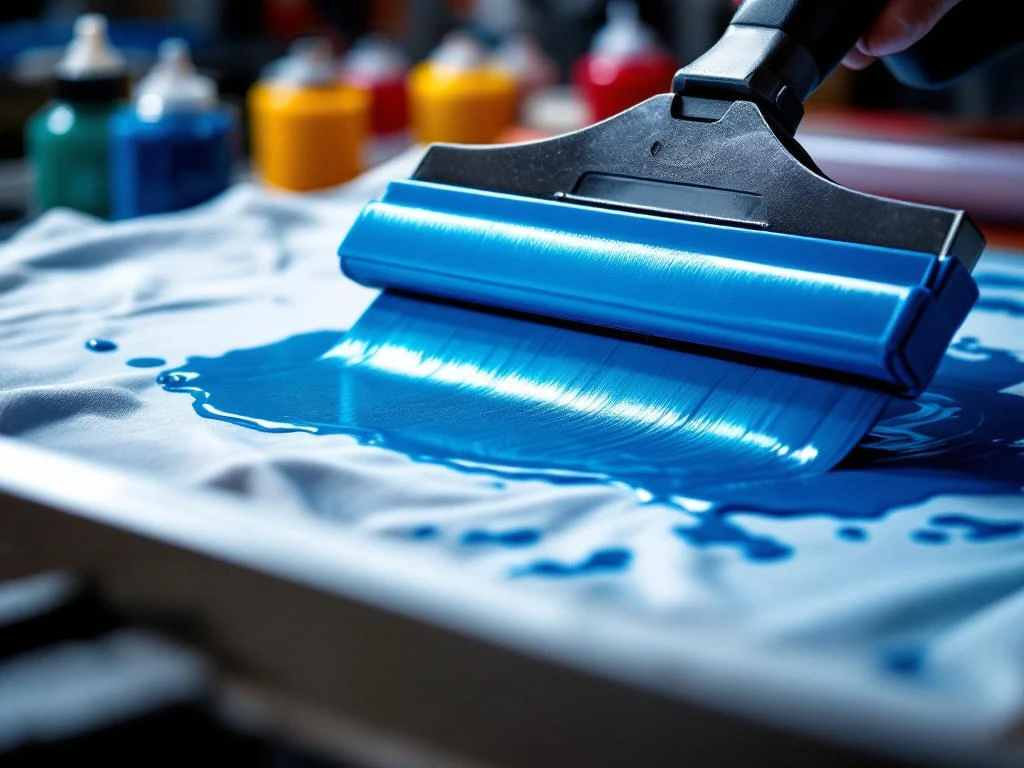 Zeefdruk rakel verspreidt blauwe inkt door gaas op wit katoenen t-shirt, professionele textieldruk werkplaats