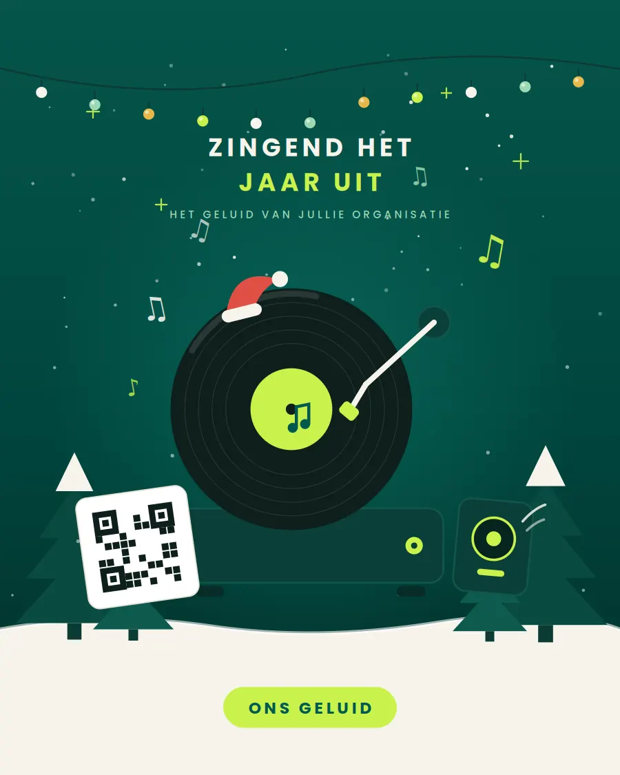 Illustratie van Ons Geluid: platenspeler met kerstmuts, QR-kaartje en mini speaker