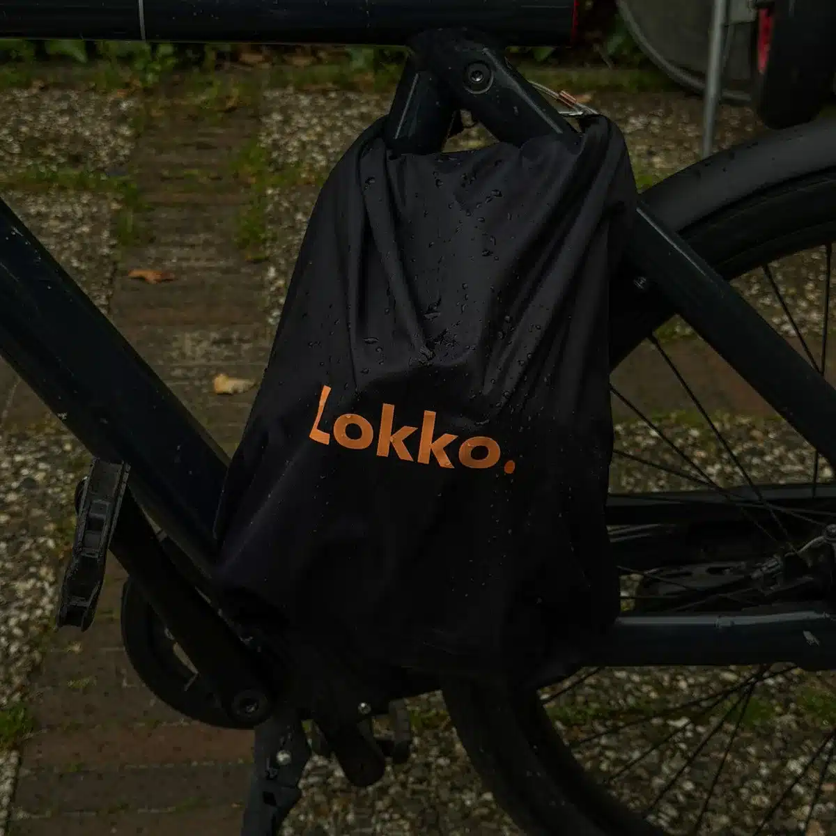 Lokko helmtas vergrendeld aan een fiets in de regen