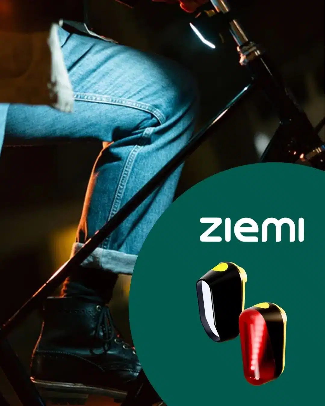 Benen van een fietser verlicht door Ziemi biomotion-verlichting